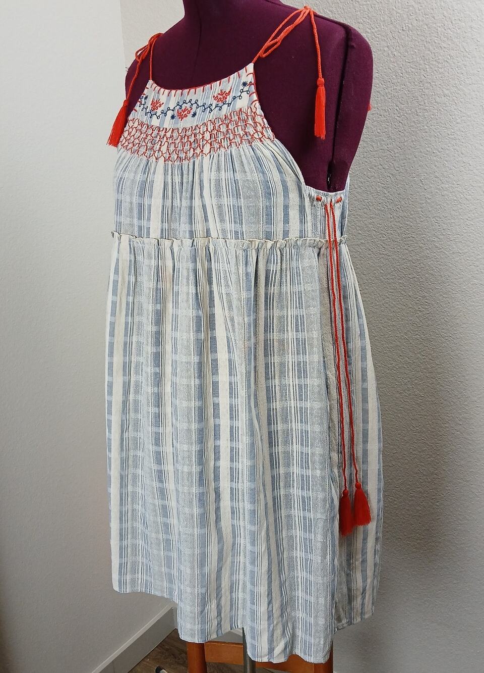 THML Embroidered Sundress Small cotton jumper blue white red tassel ties TM4565